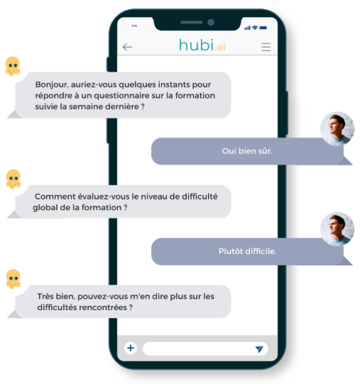 Cette infographie illustre l'utilisation d'un chatbot pour recueillir des feedbacks d'un étudiant après une session de formation en ligne.