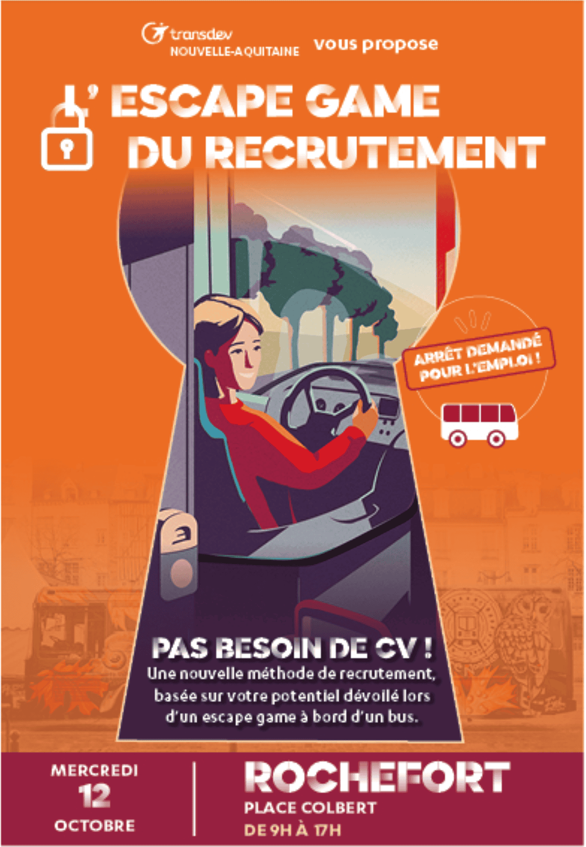 Ce flyer met en avant une initiative innovante de recrutement par escape game, qui bouscule les méthodes classiques. En supprimant la nécessité d’un CV, cet événement offre une approche moderne, axée sur le potentiel et les compétences pratiques des candidats.