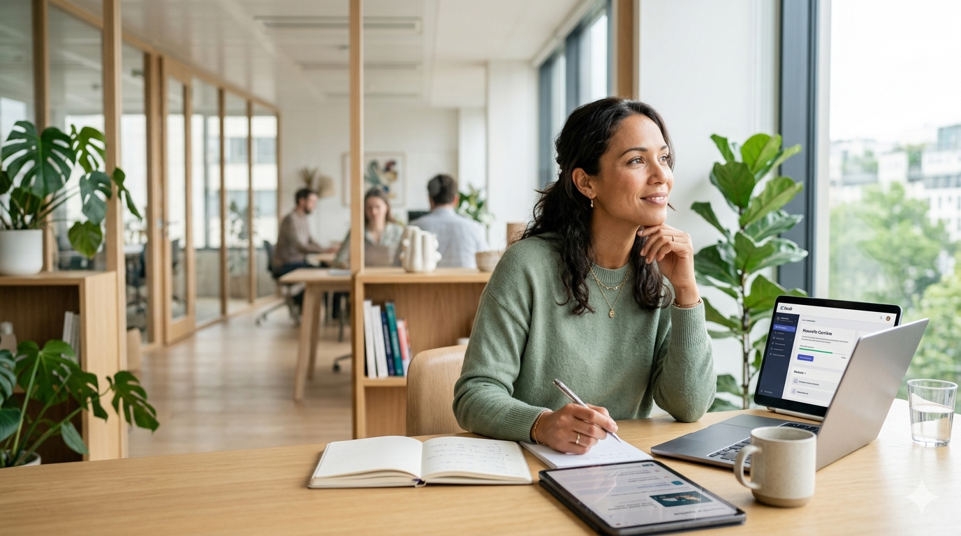 femme en réflexion autour de la reconversion