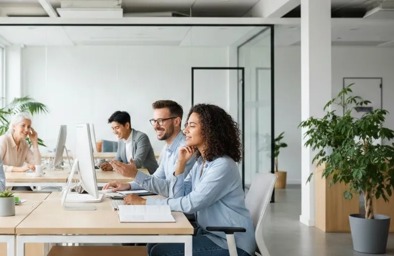 DEUX PERSQNNES EN TRAIN DE TRAVAILLER SUR UN ORDINATEUR DANS UN OPEN SPACE